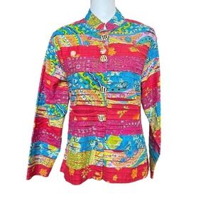 Vintage Artsy Grannycore Button Front Mandarin Collar Jacket Red Multi Size M